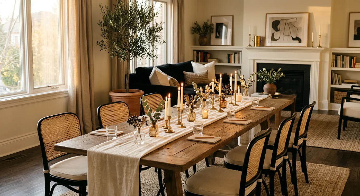 A warmly lit gathering space set with candles and chairs for a couples discussion evening