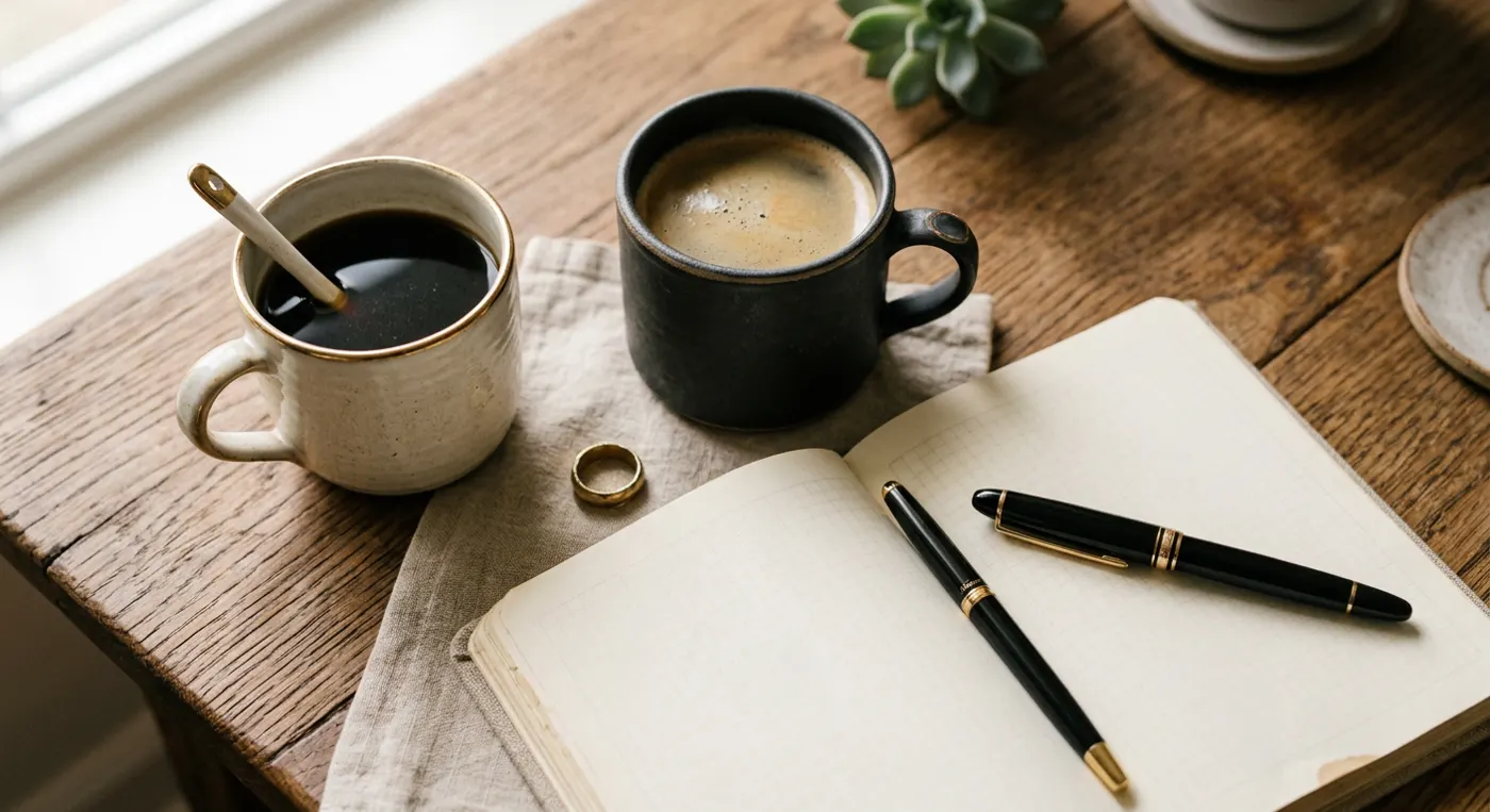 Two coffee mugs beside an open journal and pen on a wooden table, ready for a conversation